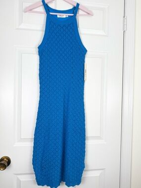 NWT Eliza J Bright Blue Sleeveless Maxi Crocheted Knit Dress Small